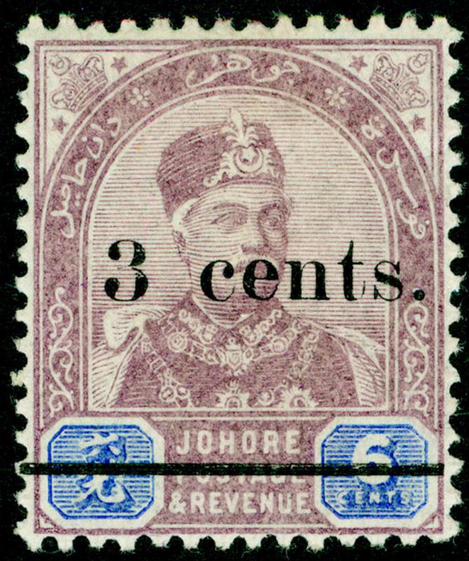 MALAYSIA - Johore SG30, 3c on 6c dull purple & blue, VLH MINT.