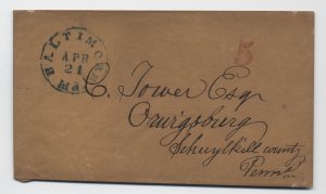 c1850 Baltimore MD blue CDS and red 5 rate handstamp stampless cover [6434.53]
