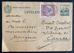 1925 Hungary Postal stationery Postcard Uprated cover to Victoria Canada