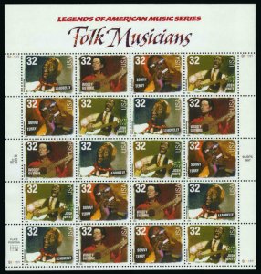 US #3212 - 15, 32c Folk Musicians,  Sheet, VF mint never hinged, Fresh Sheet ...