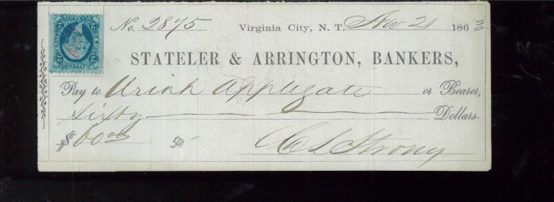 OLD CHECK W/STAMP #R5B, Used - 1863 Stateler & Arrington Bankers - BBB