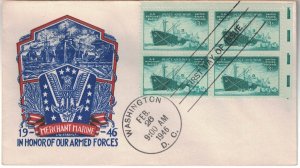 #939 FDC,3c U.S. Merchant Marine, Staehle cachet, block of 4