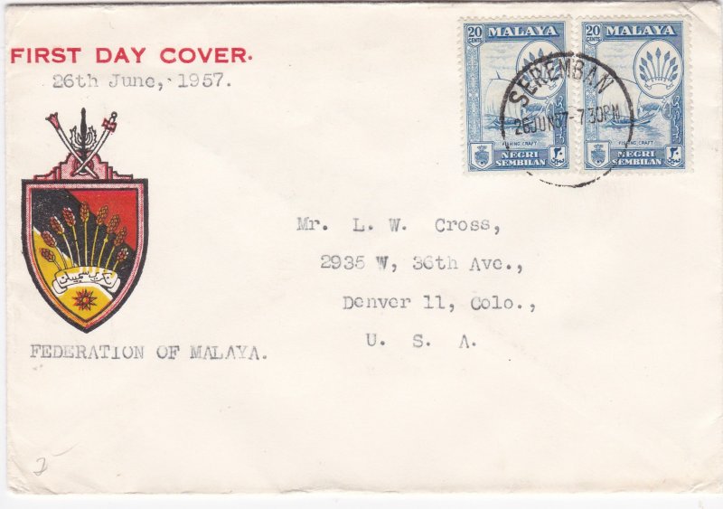 Malaya - Negri Sembilan # 70, Fishing Craft & Arms, 2 Stamps on First Day Cover