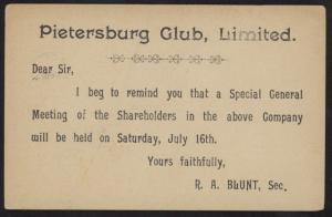 Transvaal 1904 Pietersburg Club postal stationery card w/Pietersburg pmk