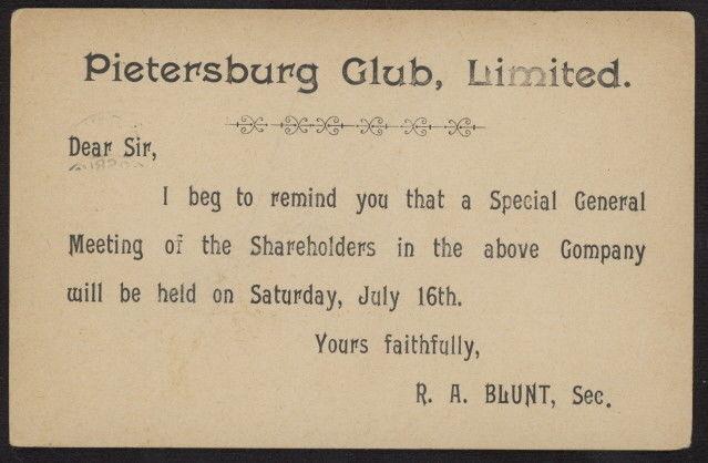 Transvaal 1904 Pietersburg Club postal stationery card w/Pietersburg pmk
