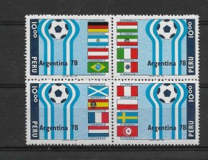 PERU YEAR 1978 SOCCER WORLD CUP ARGENTINA 78 LOGO BLOCK OF FOUR DIFF FLAGS