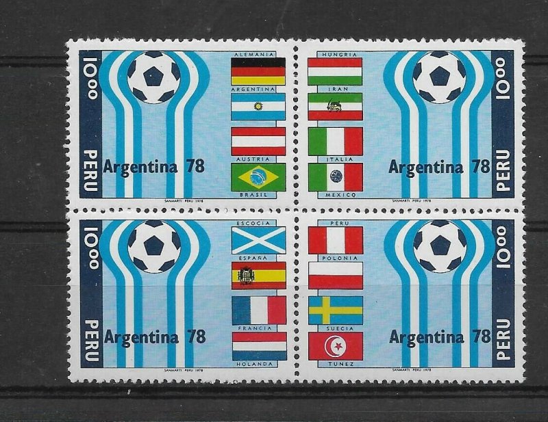 PERU YEAR 1978 SOCCER WORLD CUP ARGENTINA 78 LOGO BLOCK OF FOUR DIFF FLAGS