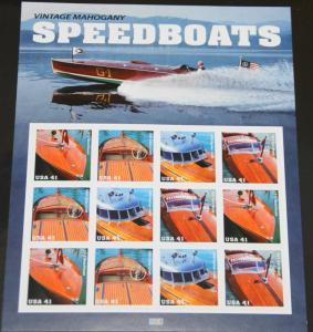 2007 sheet of 41 cent stamps Vintage Mahogany Speedboats Sc #4160-3