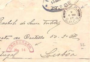 BN26 1917 WW1 Allied Forces PORTUGAL *CEP/SPC3* FPO Cover *CENSURADO 14* Lisbon