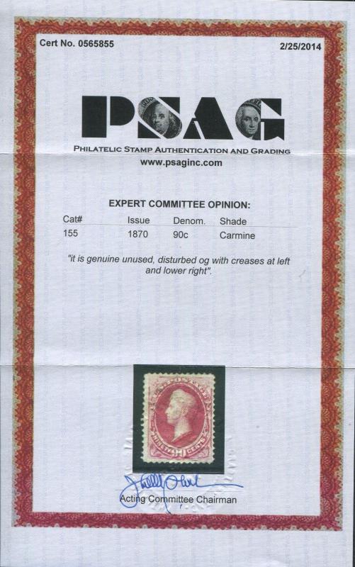 1872 US Stamp #155 90c Mint Disturbed Gum F/VF Catalogue Value $5000 Certified