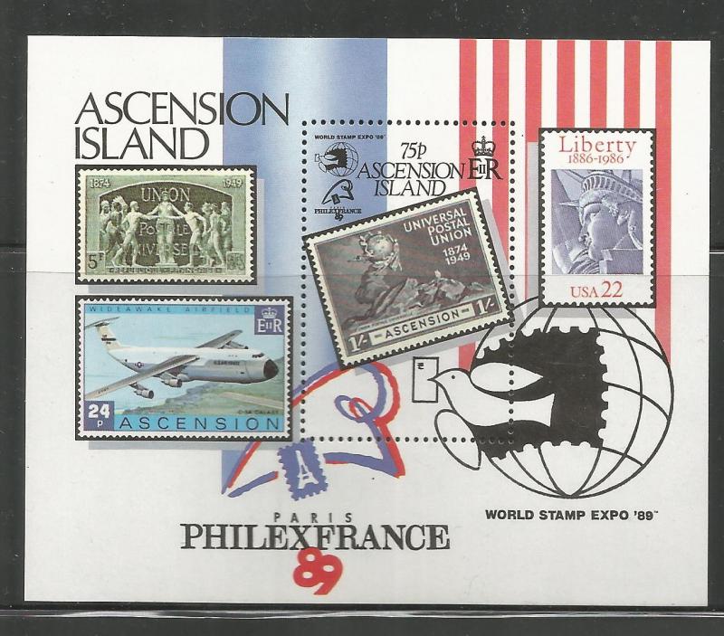 ASCENSION  473  MNH, SS, WORLD STAMP EXPO AND PHILEXFRANCE '89