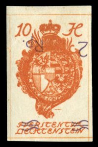 Liechtenstein #52b Cat$72.50, 1921 2rp on 10h deep orange, surcharge inverted...