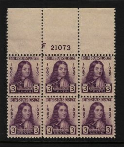 1932 William Penn Sc 724 3c purple MNH plate block of 6, full OG