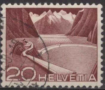 Switzerland 332 (used) 20c reservoir, Grimsel, brn carm (1949)