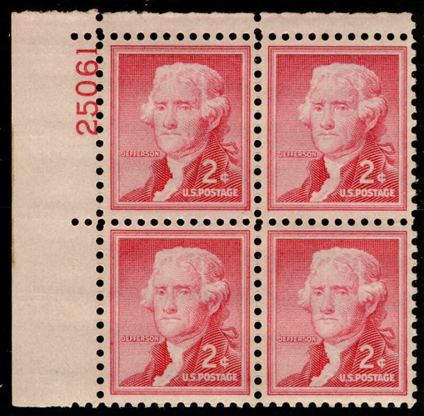 US #1033 PLATE BLOCK 2c Jefferson, VF/XF mint never hinged, very fresh color,...