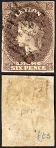 Ceylon SG6 6d Purple Brown Four Margins Cat 140 pounds