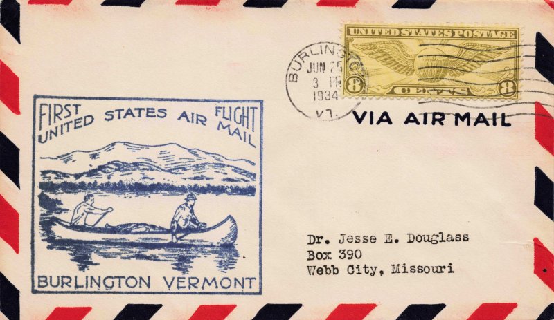 USA 1934 FIRST FLIGHT COVER  1934  BURLINGTON VT