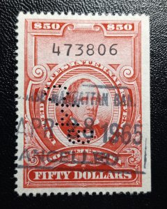 US Scott #R680 Used 1954 Revenue Stamp $50 Value Nice Cancellation  / Perfin VF