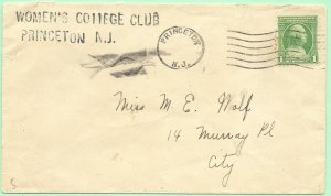 1932 Princeton NJ cover Womens College Club 1c Drop Ltr Rate to ME Wolf city