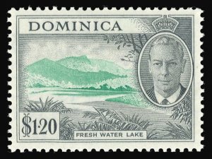 Dominica 1951 KGVI $1.20 emerald/black 'C' OF 'CA' MISSING FROM WATERMARK SG133a