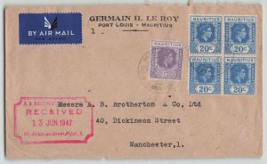 Mauritius 1947 Airmail Cover 20c KGVI Block Port Louis to Manchester UK