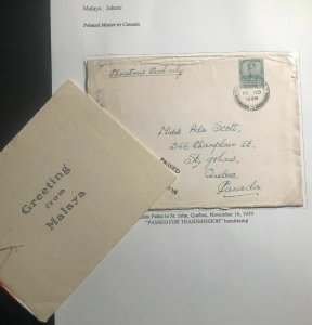 1939 Batu Pahat Malaya Censored Cover To St Johns Canada Christmas Card Enclosed