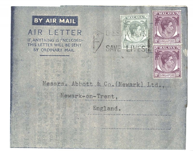 Singapore 1954 Neat airletter to UK frank KG6 2x 10c + 6c, nice typed letter on 