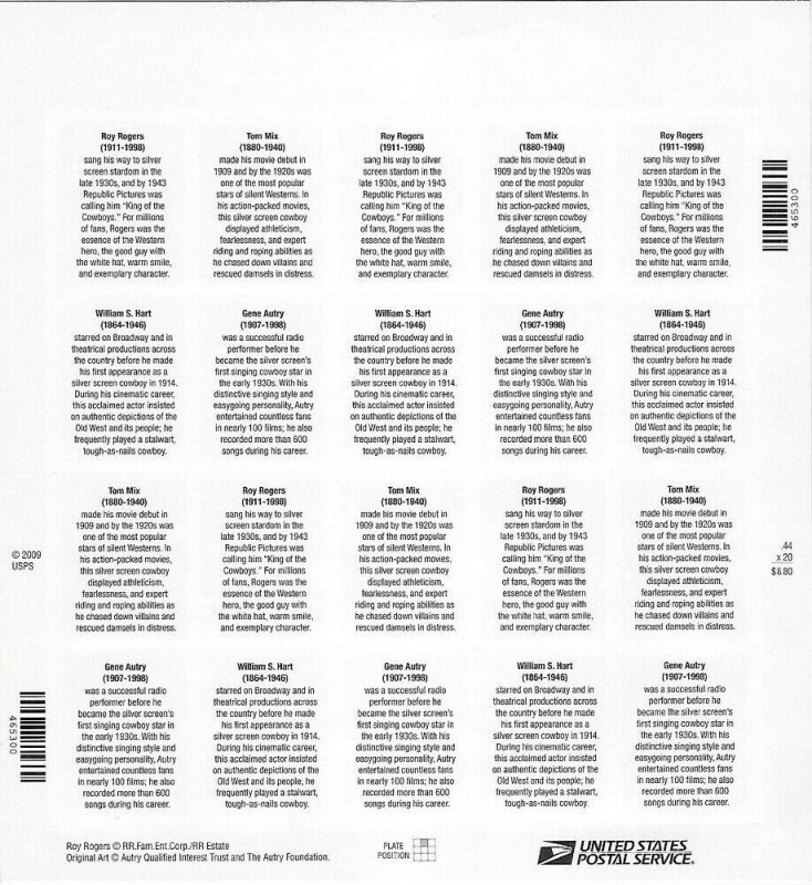 4445-9 49cent COWBOYS MNH FULL SHEET OF 20 STAMPS - BCV $32.50 - Q89
