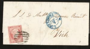 J) 1857 SPAIN, BLUE CANCEL, COMPLETE LETTER, CIRCULATED COVER, FROM BARCELONA TO