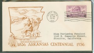 US 782 1936 3c Arkansas Centennial on an addressed (typed) FDC with a Kerschner cachet