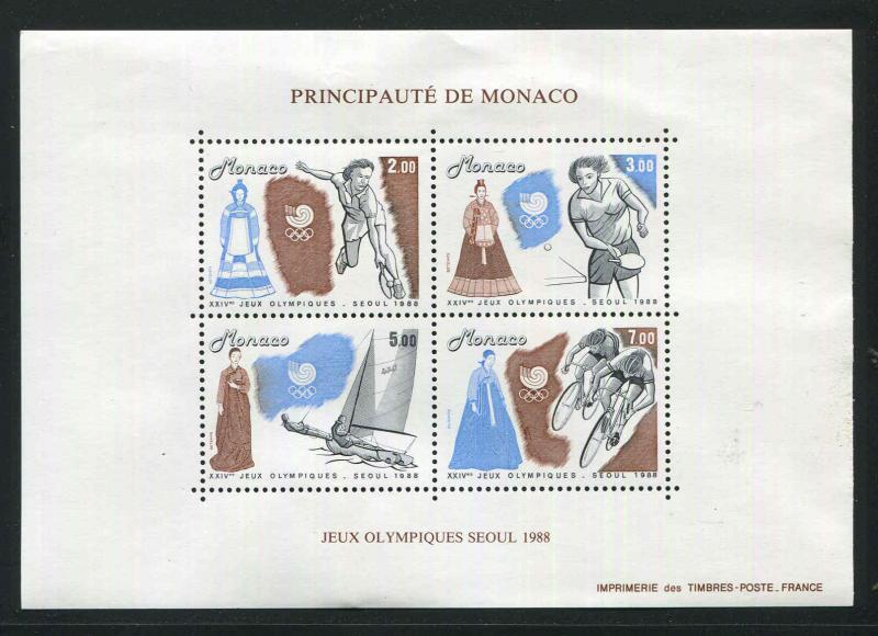 Monaco Olympics Sc 1680 Seoul -1988 Table Tennis Cycling Yachting Costumes MNH