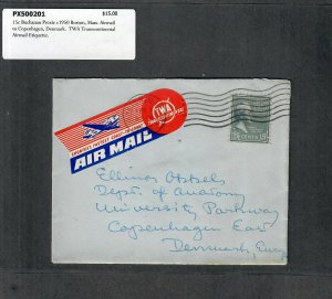 1950 Prexie Cover 15c Buchanan Boston Mass Airmail TWA Transcontinental