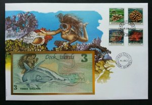 Cook Islands Corals 1989 Reef Marine Life Fish Shark Diving FDC (banknote cover)