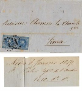 MI) 1859 PERU, BLUE SHIELD, COVER CIRCULATED FROM ARICA ON JANUARY 6 TO LIMA, VF