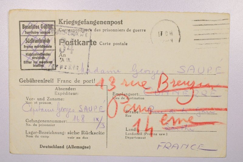 Germany 1944 POW Card to France - L39780