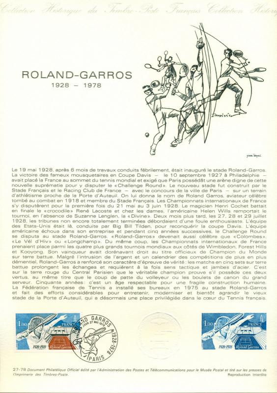 FRANCE SCOTT # 1612 FIRST DAY SOUVENIR PAGE, 1978, ROLAND GARROS, GREAT PRICE!