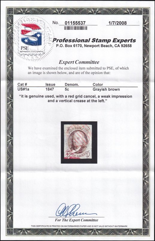 US #1A Used Single, With Cert.