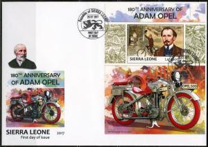 SIERRA LEONE 2017  180th BIRTH OF ADAM OPEL  SOUVENIR SHEET FIRST DAY COVER