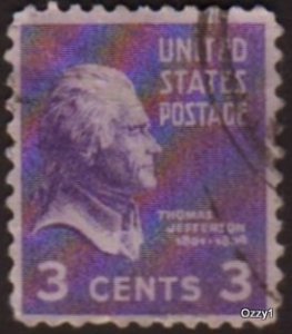 USA 1938 Sc#807 3c Violet Thomas Jefferson USED-VG-HM.