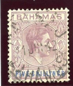 Bahamas 1938 KGVI 5s lilac & blue (thick paper) very fine used. SG 156.