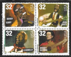 USA 3212-3215: 32c Folk Singers, Setenant Block, MNH, VF