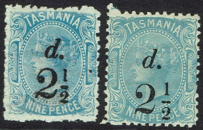 TASMANIA 1891 QV 21/2D ON 9D BOTH SETTINGS/SPACINGS