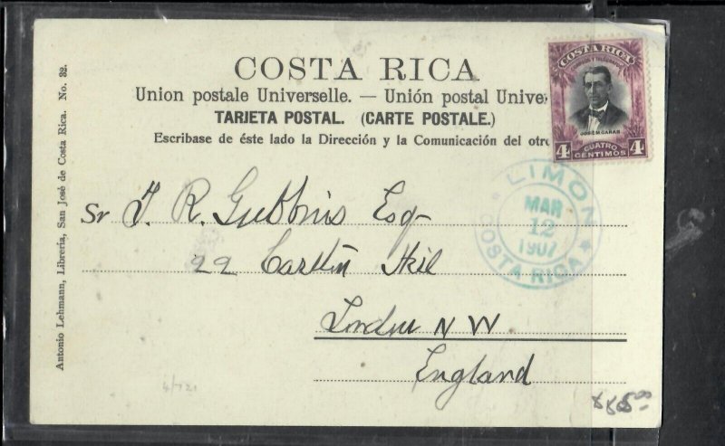 COSTA RICA COVER (P0508B) 1907 4C MAN ON PPC LIMON TO LONDON 