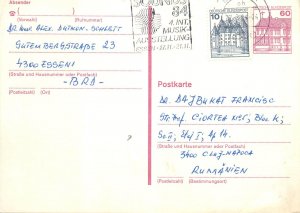 E0057 Germany 60 Pfennig postal card Essen, Germany to Cluj-Napoca, Romania 1984