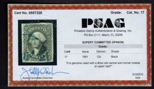 US #17 Very Fine/Used. Pretty blue town cancel. w/PSAG Cert.