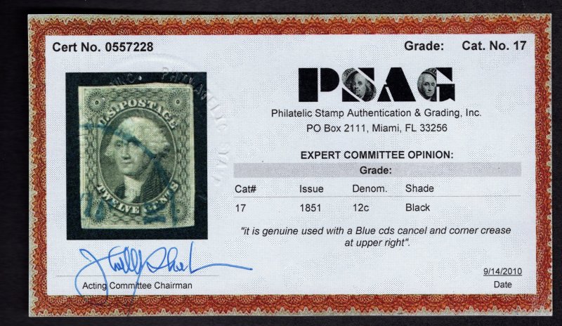 US #17 Very Fine/Used. Pretty blue town cancel. w/PSAG Cert.