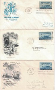 #958 FDC, 3c Swedish Pioneer Centennial, 3 diff. cachets