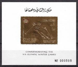 Sharjah, Mi cat. 464, BL36 A. Sapporo Olympics, Gold Foil Skier s/sheet.