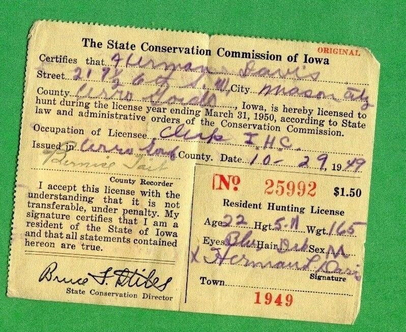 IOWA 1949 Resident Hunting License W/6 RW Federal Duck Stamp 384