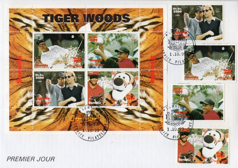 Somalia 1999 Tiger Woods/Tigger/Mickey Mouse DISNEY FDC Set+Sheetlet Perforated